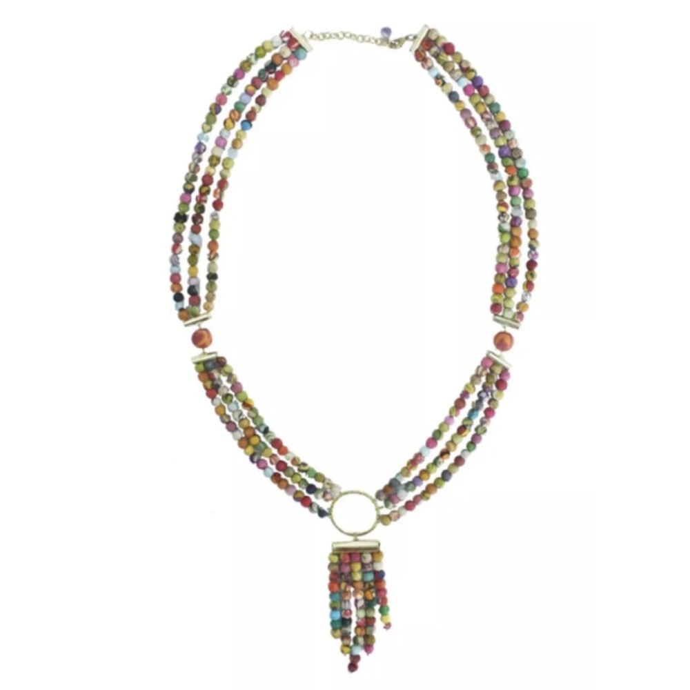 Fair Trade NWT 3 Strand Bead Necklace Hand Crafted Recycle Kantha Fabric Upcycle